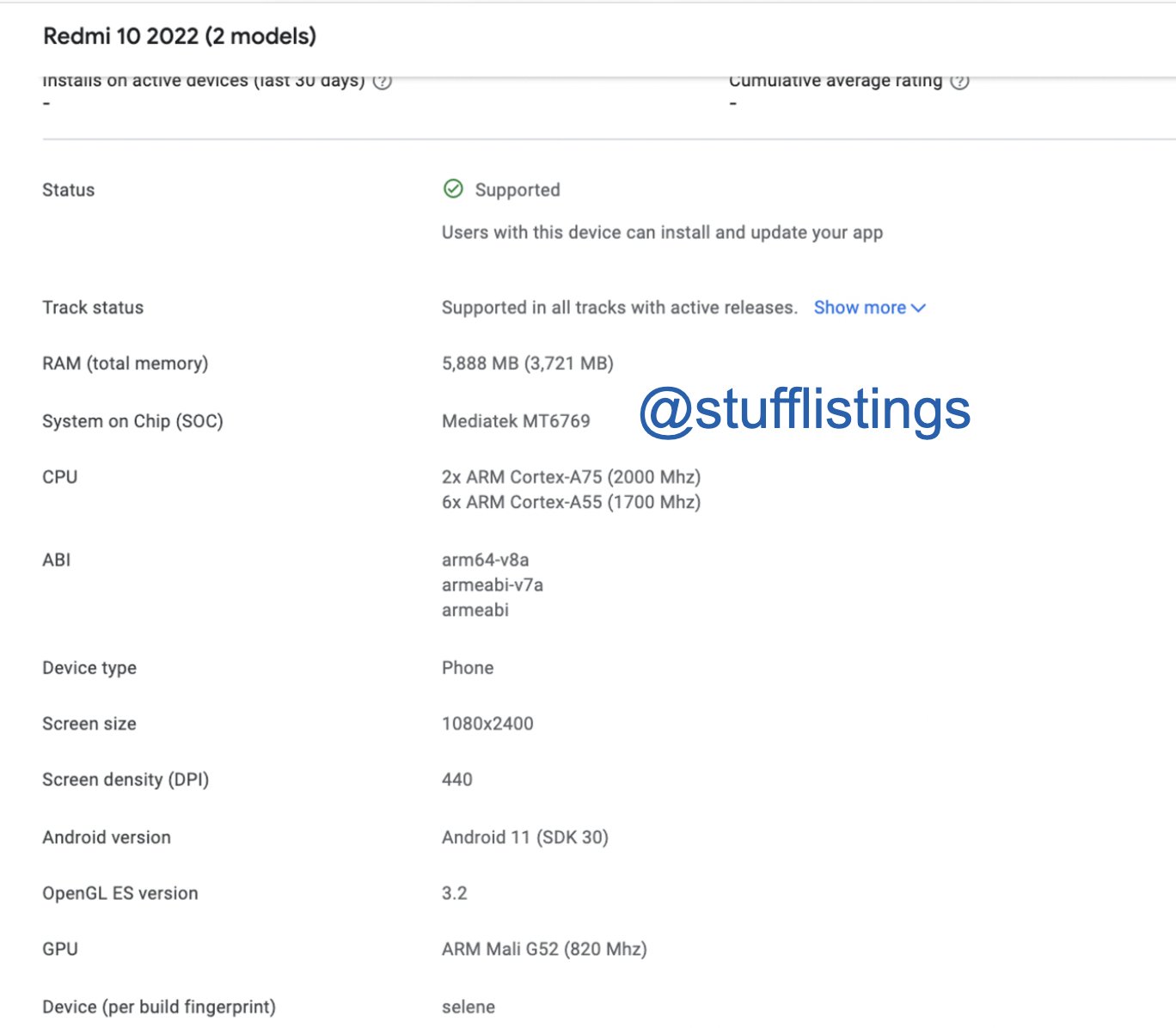 Redmi 10 2022 Google Play Console list